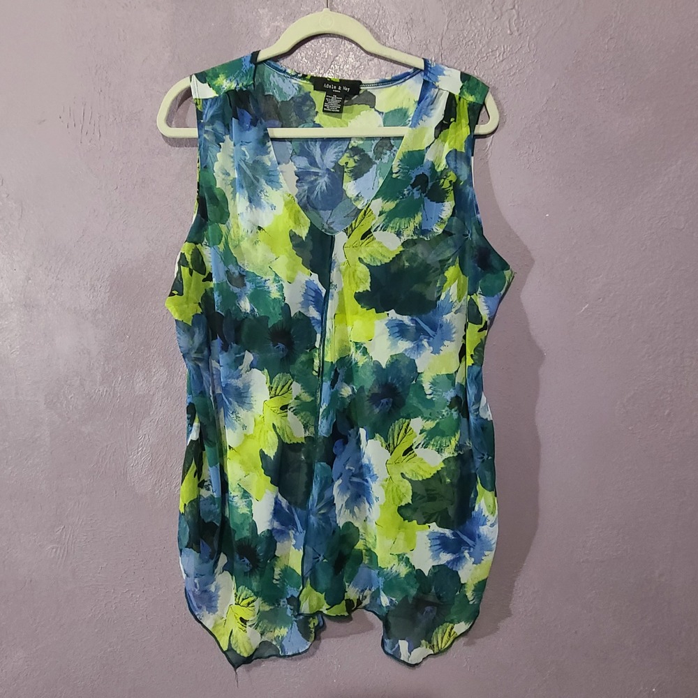 Adele & May Floral Blouse Womens 1X Blue Green V-Neck Draped Flyaway Tank Top